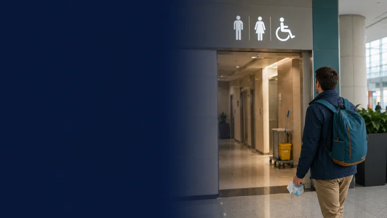 International visitor approaching an accessible public restroom in a modern Chinese transport hub