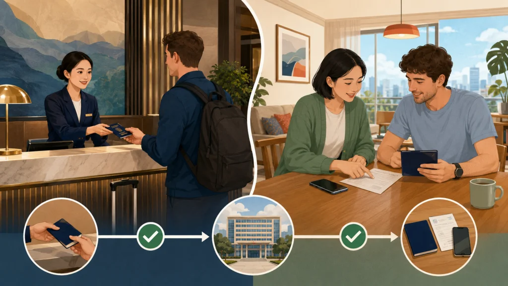 Comparison of hotel registration and private residence registration for foreign visitors in China