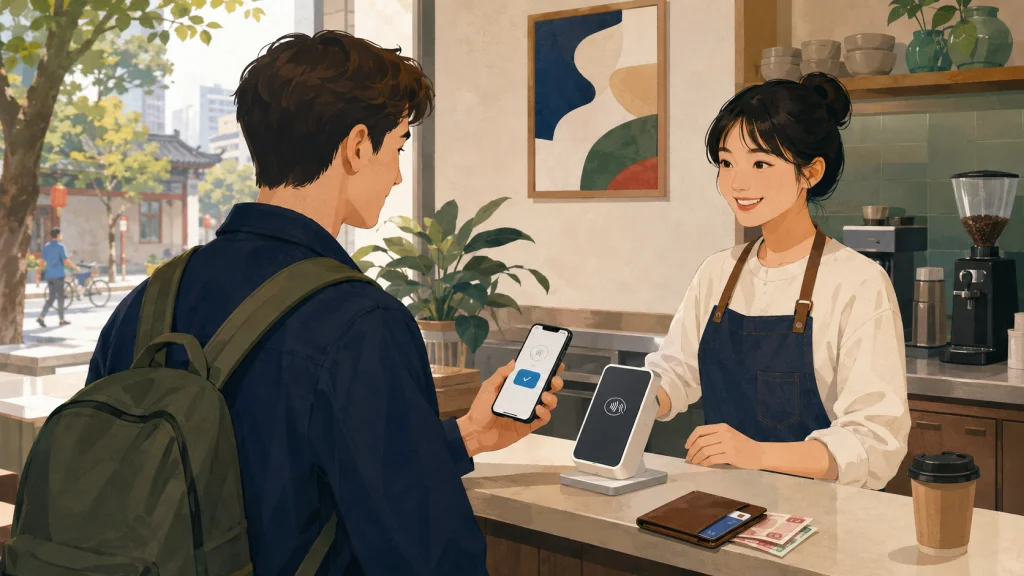 International visitor using mobile payment at a cafe in China with card and cash backups