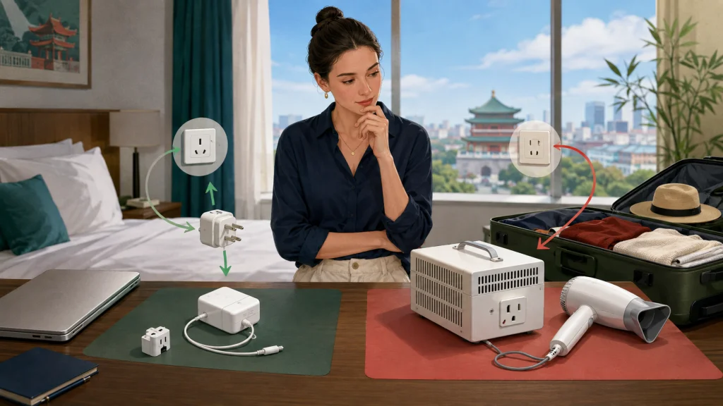 Visual comparison of a travel plug adapter and a voltage converter for China