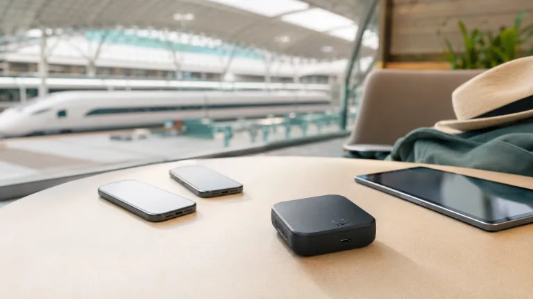 Portable pocket WiFi hotspot connecting several devices at a Chinese high-speed rail station