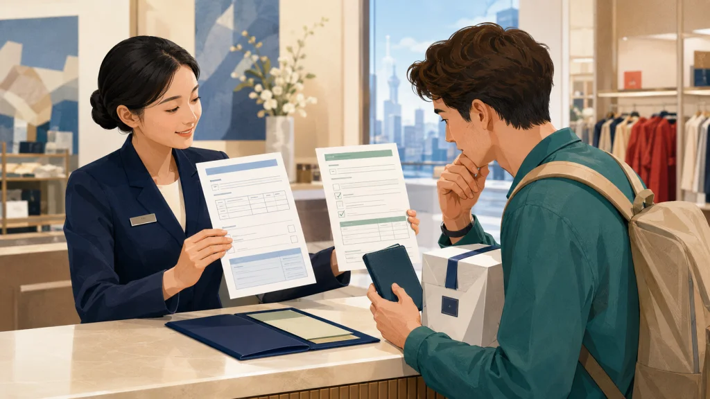 Tourist checking the invoice and departure tax refund application form at a store in China