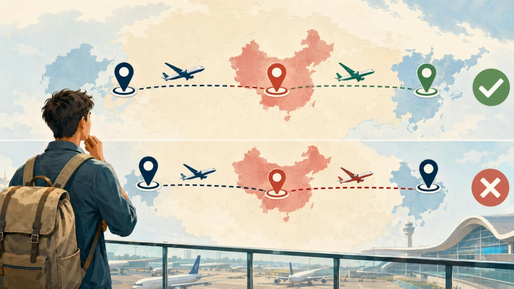 Comparison of a qualifying third-country transit route and a non-qualifying return route through China