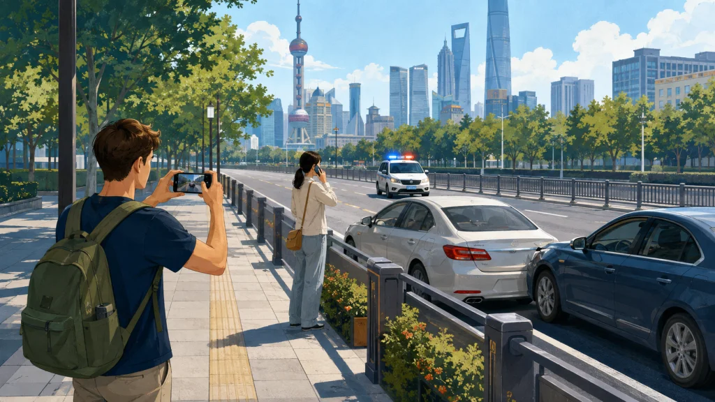 Tourist safely documenting a minor road traffic accident in China