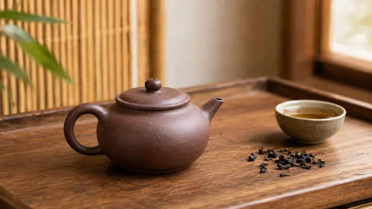 Traditional Yixing zisha teapot with tea on a wooden tea tray